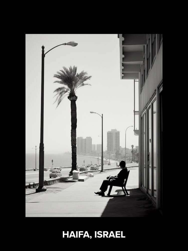 Poster Of Haifa, Israel, Mediterranean Black And White Photography Analogue 3