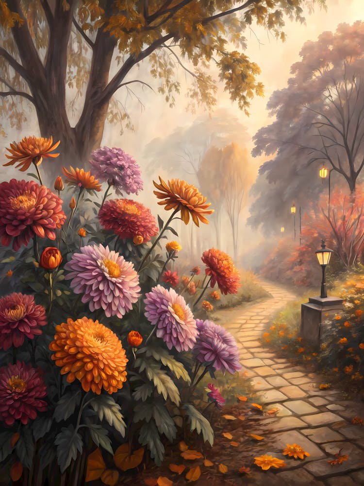 Oil Painting Style Autumn Garden Path Chrysanthemum Flowers & Lanterns