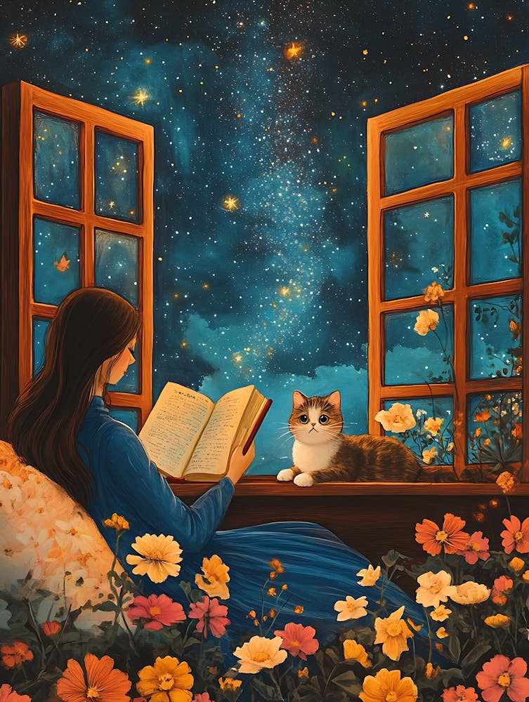 Girl Reading Book with Her Cat 12