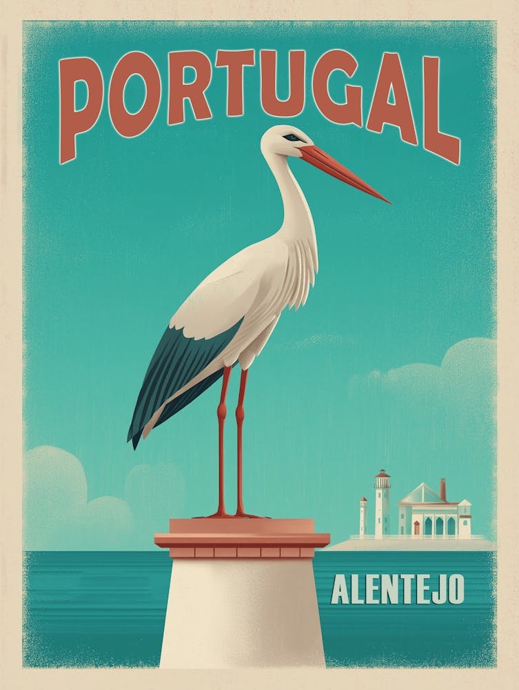 Vintage Alentejo Portugal Reiseposter - Storch auf Schornstein
