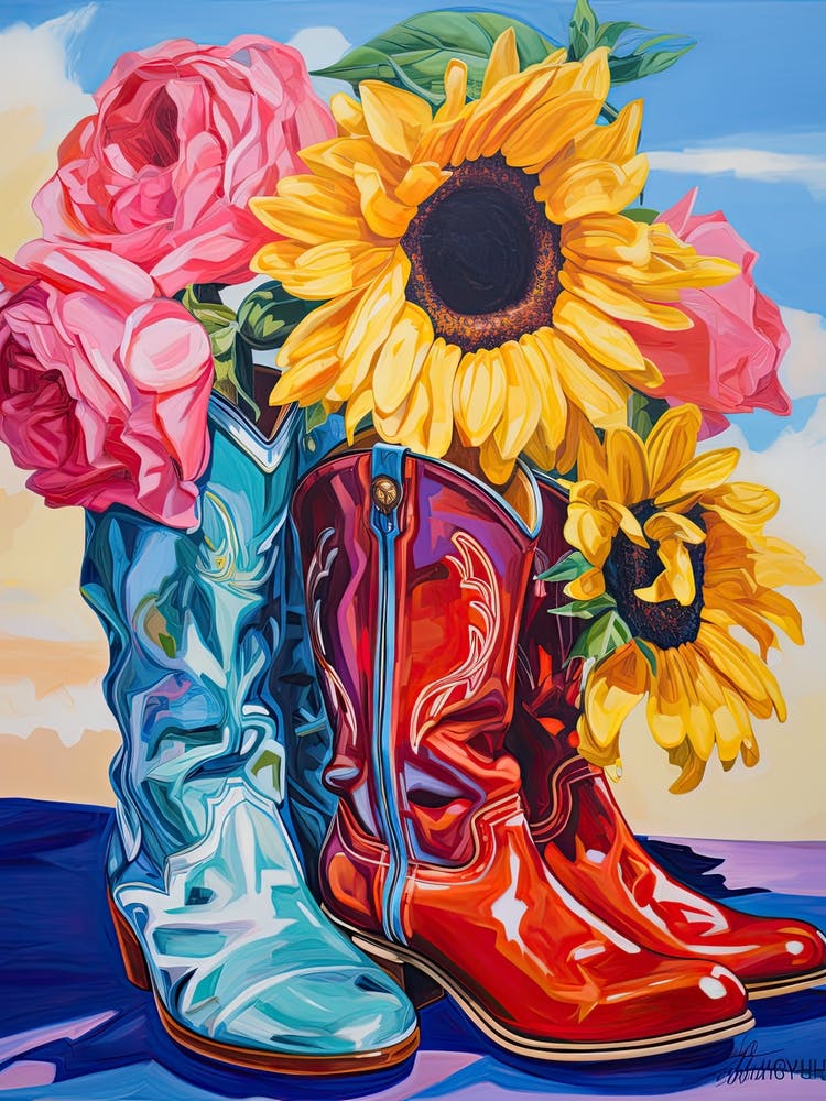 Oil Painting Of Sunflower Flowers And Cowboy Boots, Oil Style 4