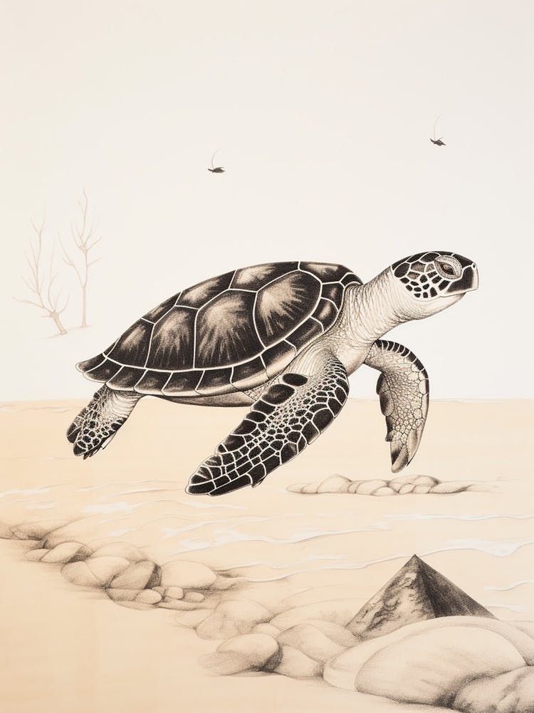 Detailed Sepia Sea Turtles On Beach  1