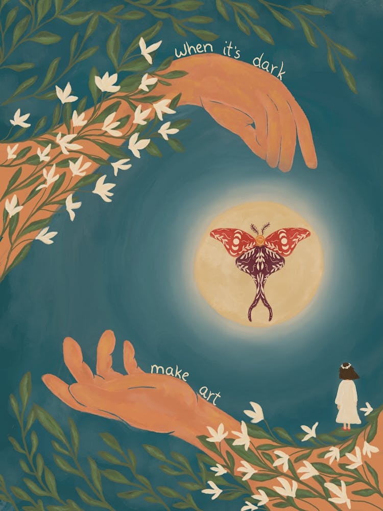 Luna Moth | When it's dark make art inspirational art print | Motivational Wall Decor | Moth Art | Moon with Luna Moth | Fairycore Celestial