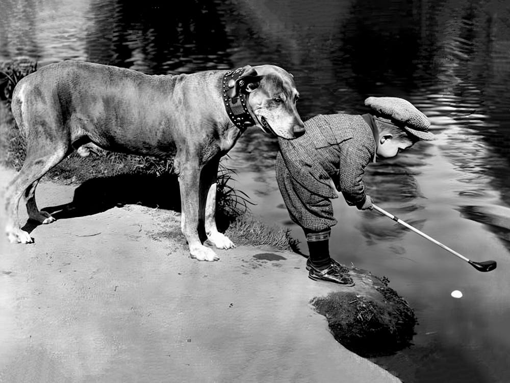 Boy And His Dog, Boy Playing Golf, Vintage Black and White Old Photo