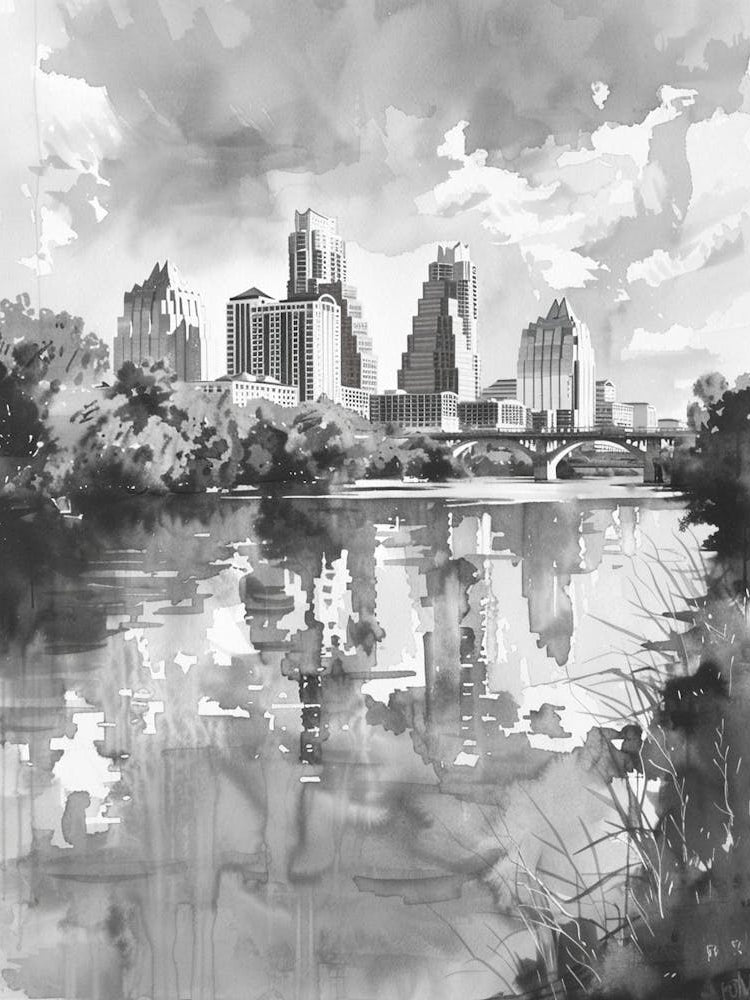Skyline Austin Texas Black And White Watercolour 4