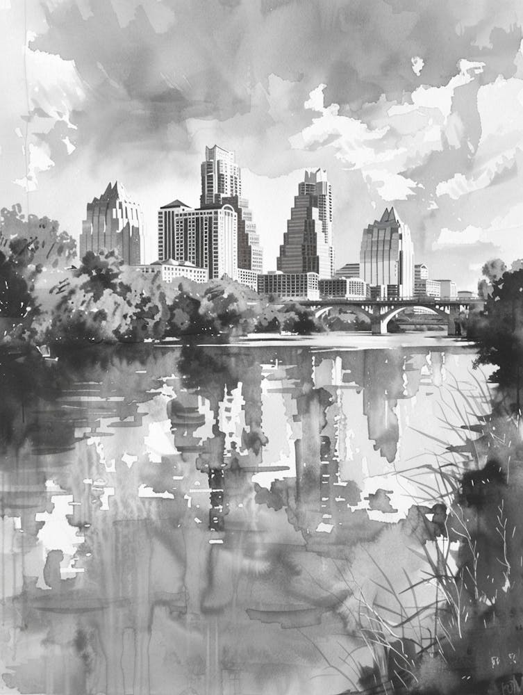 Skyline Austin Texas Black And White Watercolour 4