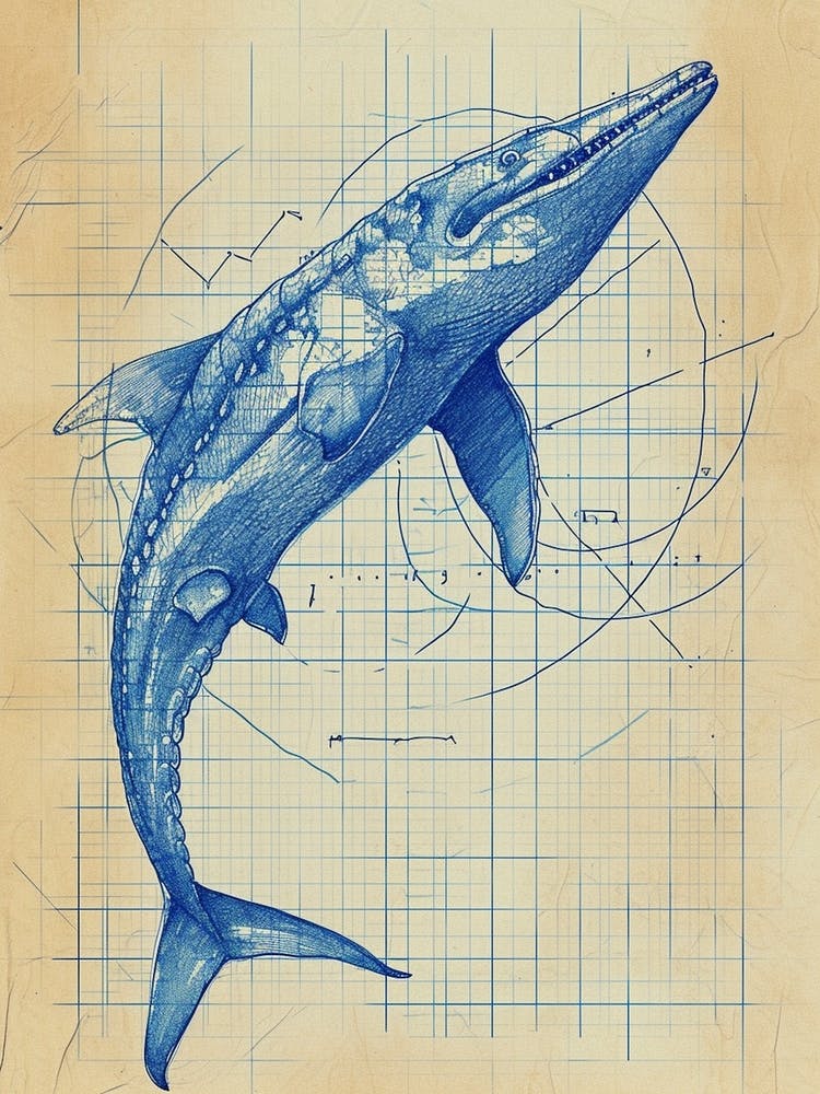 Icthyosaurus Dinosaur Blue Print Sketch 1