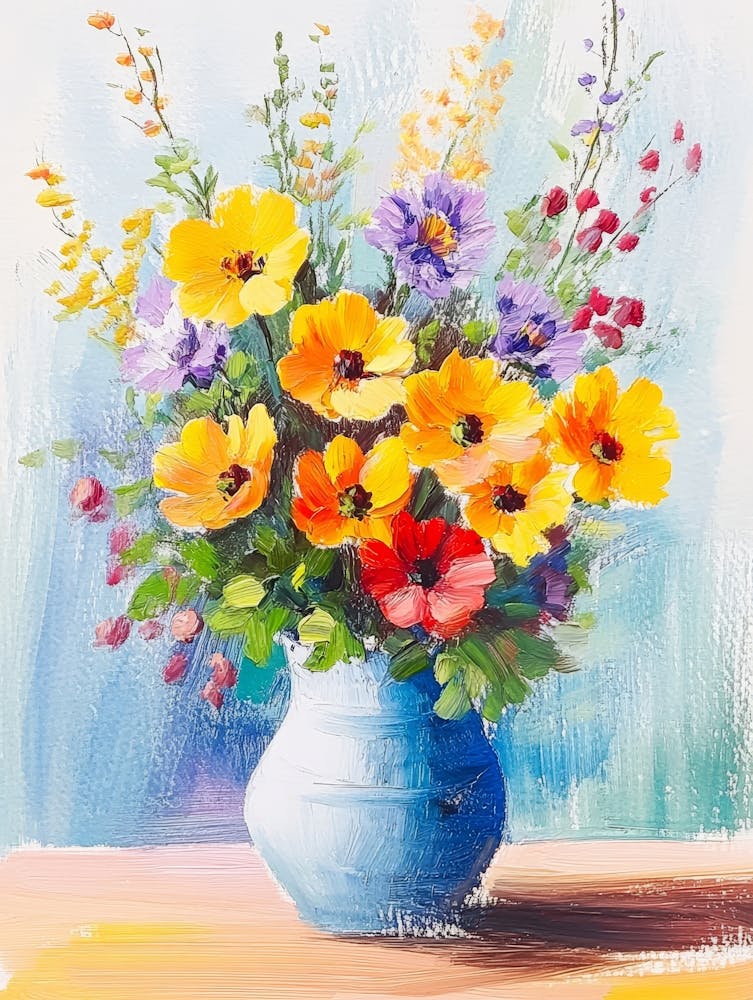 Drawing Flowers In A Vase, Oil Watercolor Abstract Painting