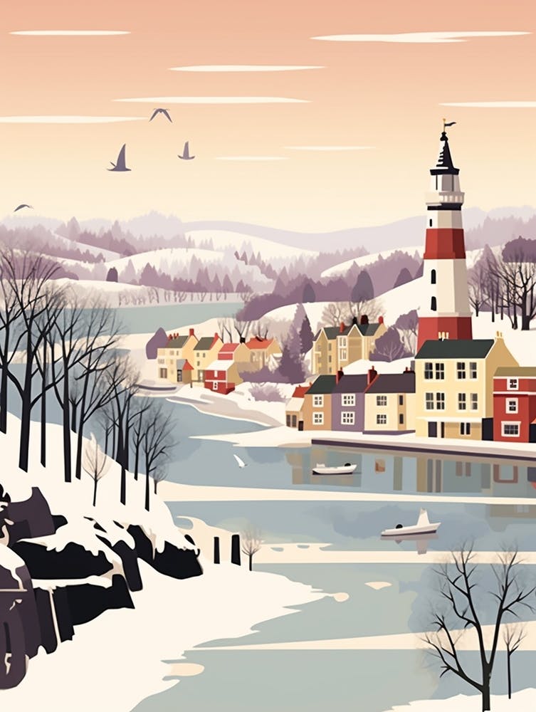 Vintage Winter Travel Illustration Plymouth United Kingdom