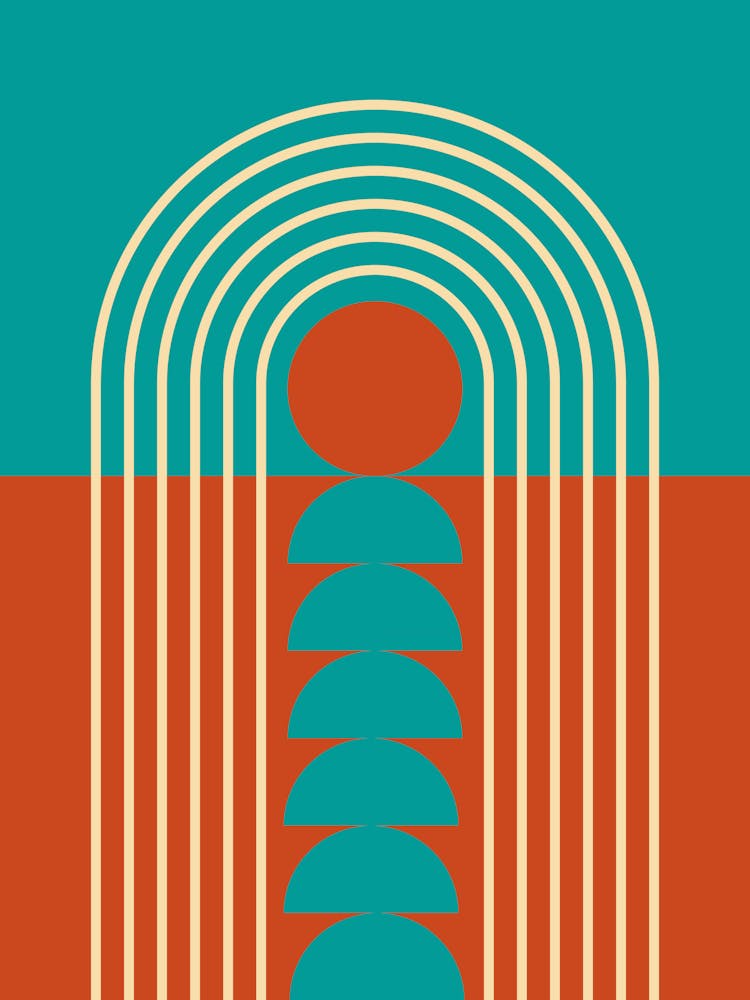 Lever et Coucher de Soleil Abstrait Géométrique Moderne Mid-Century 3 Ambiance Rétro Vert Persan Rouge Foncé 01