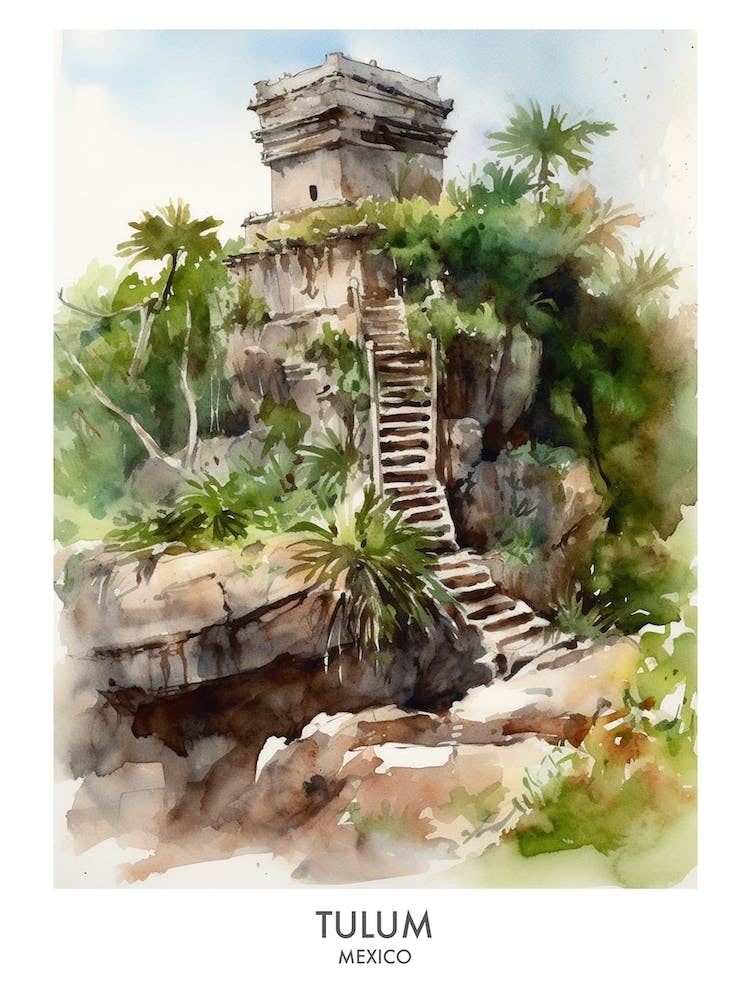 Tulum Mexico Watercolour Travel Poster