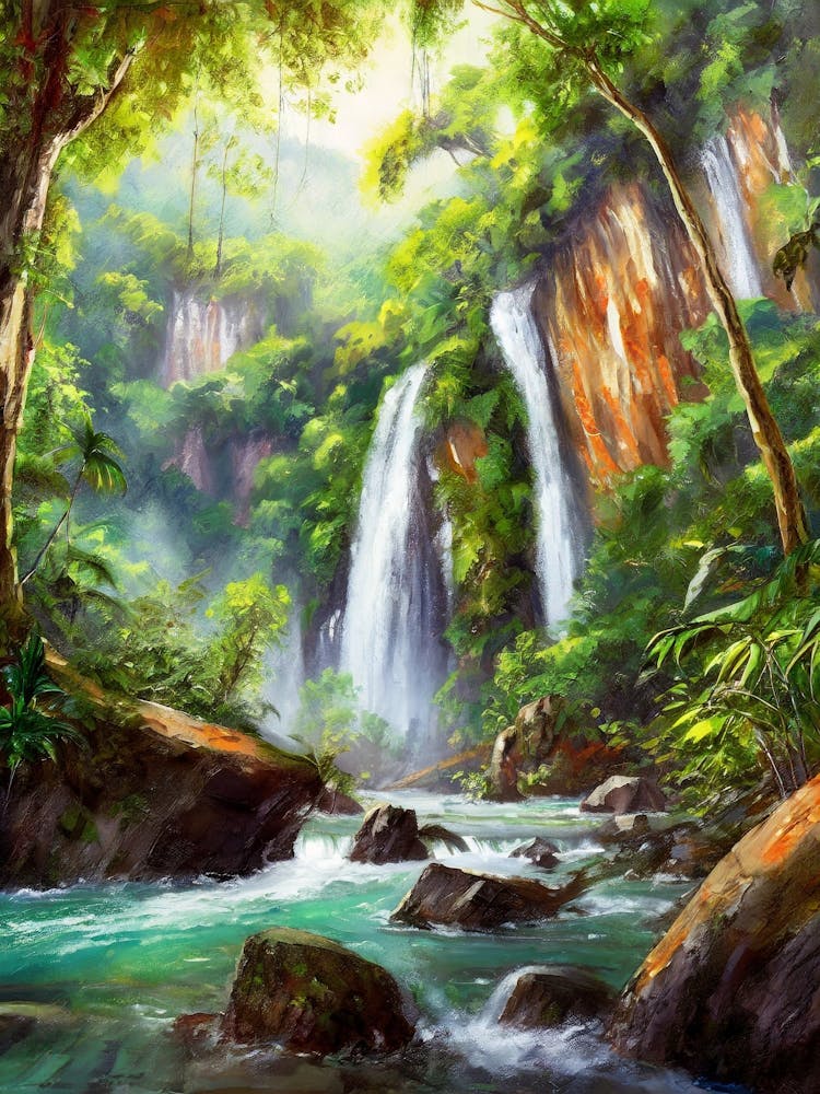 Lush Rainforest With Hidden Waterfalls And Rivers