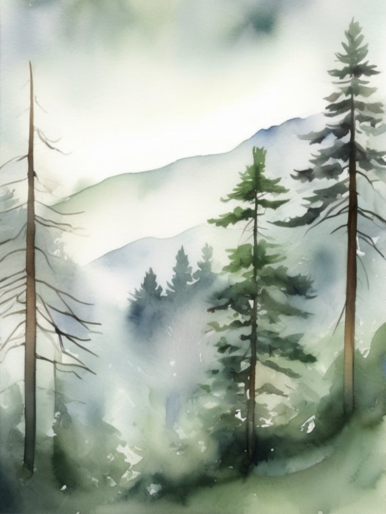 Appalachian Mountains of Misty Pines Watercolor Print of Evergreen Forest..135