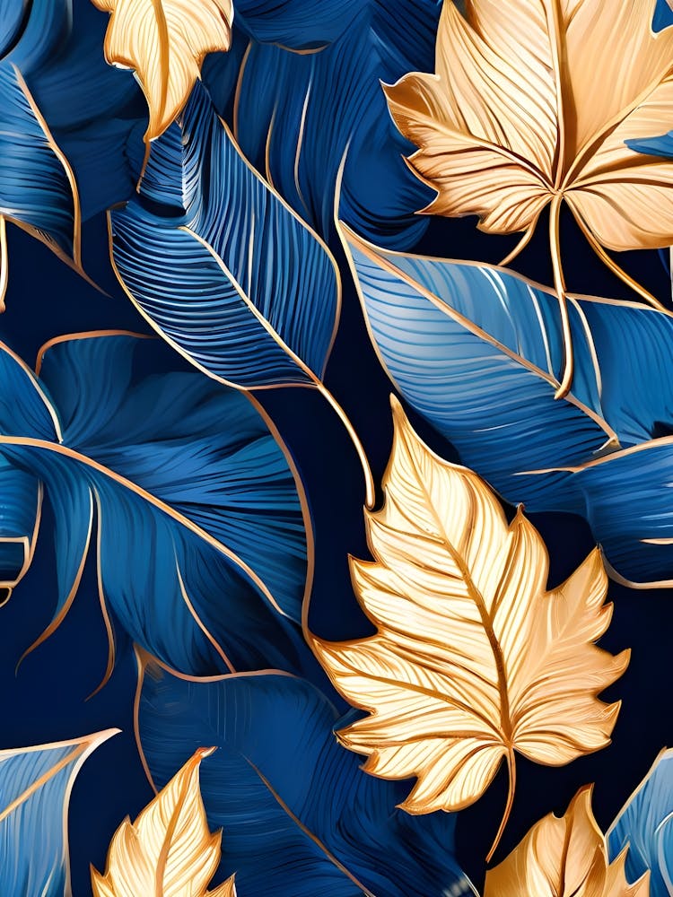 Gold Leaves On Blue Background
