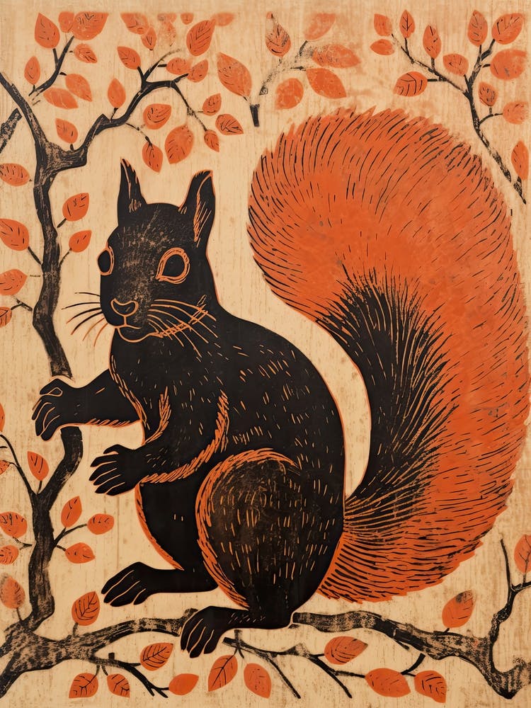 Squirrel, Woodblock Animal Drawing 4