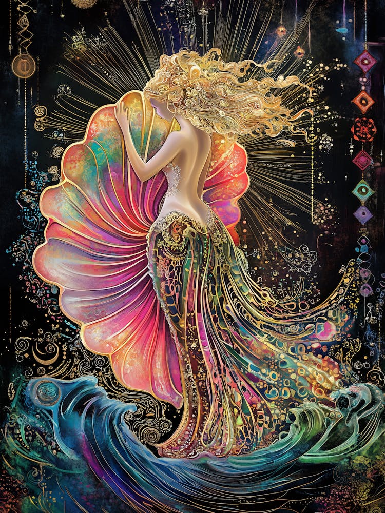 Birth of Venus inspired by Botticelli, Reimagined Masterpiece in Synthwave Cyberpunk style .