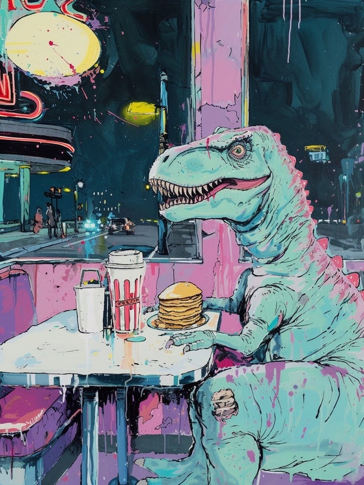 Abstract Dinosaur Eating Breakfast In A Cafe Pink Blue Purple 1