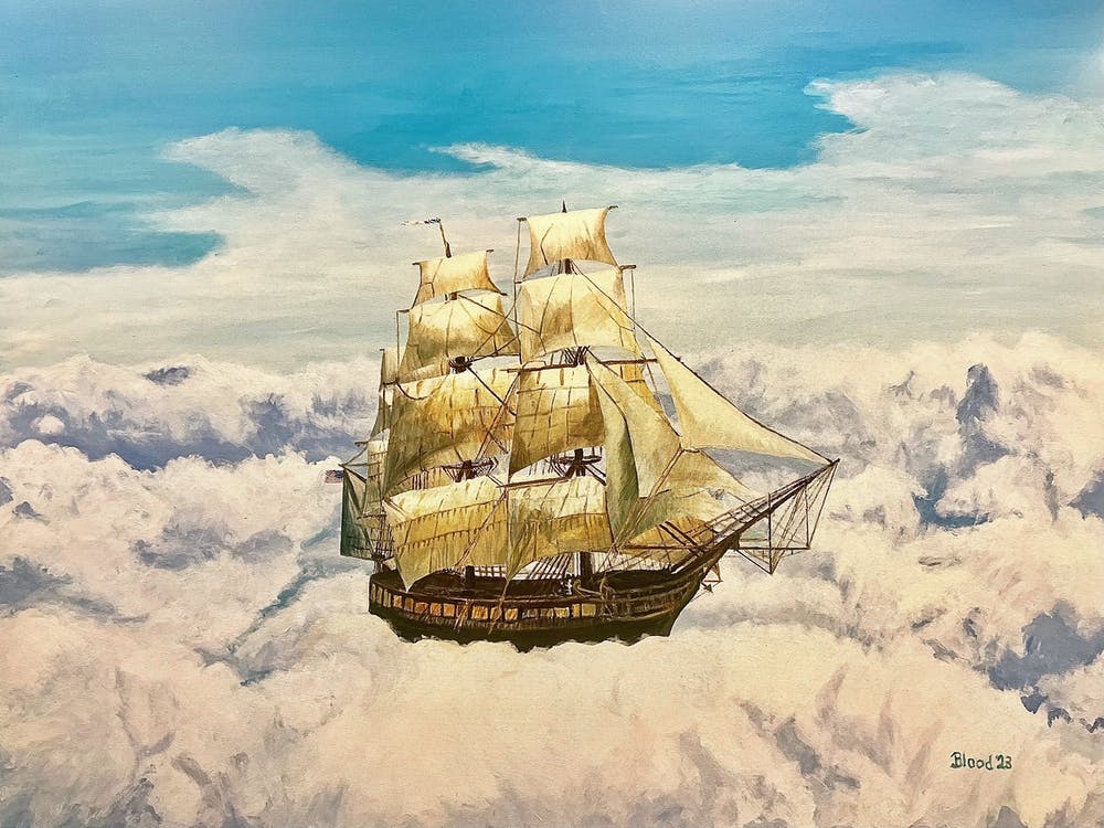 Surreal Wooden Sailing Ship In Clouds Blue Sky