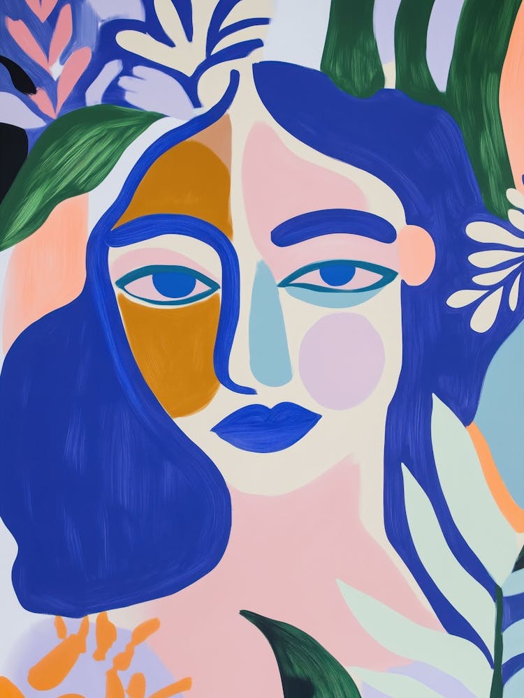 Abstract Blue Woman with Flowers