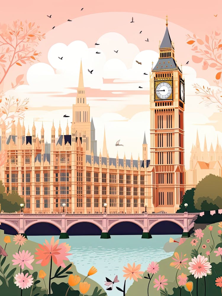 The Palace Of Westminster   London, England   Cute Botanical Illustration Travel 2