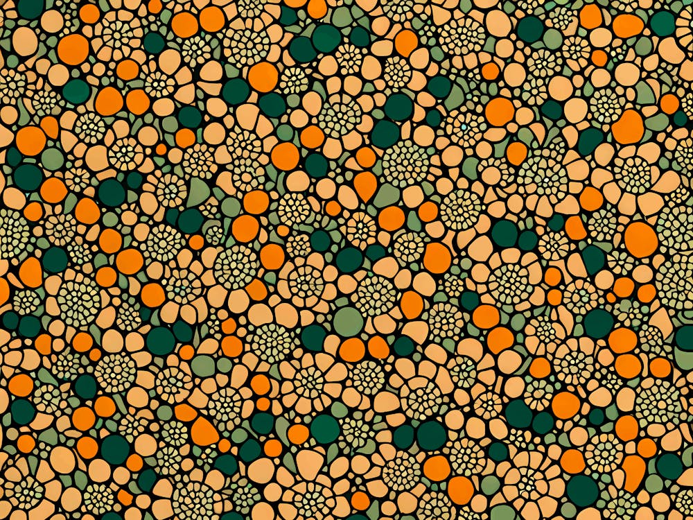 A Sophisticated Pattern Featuring abstract flowers Shapes in Mustard Rustic Green And Orange Colors, 273