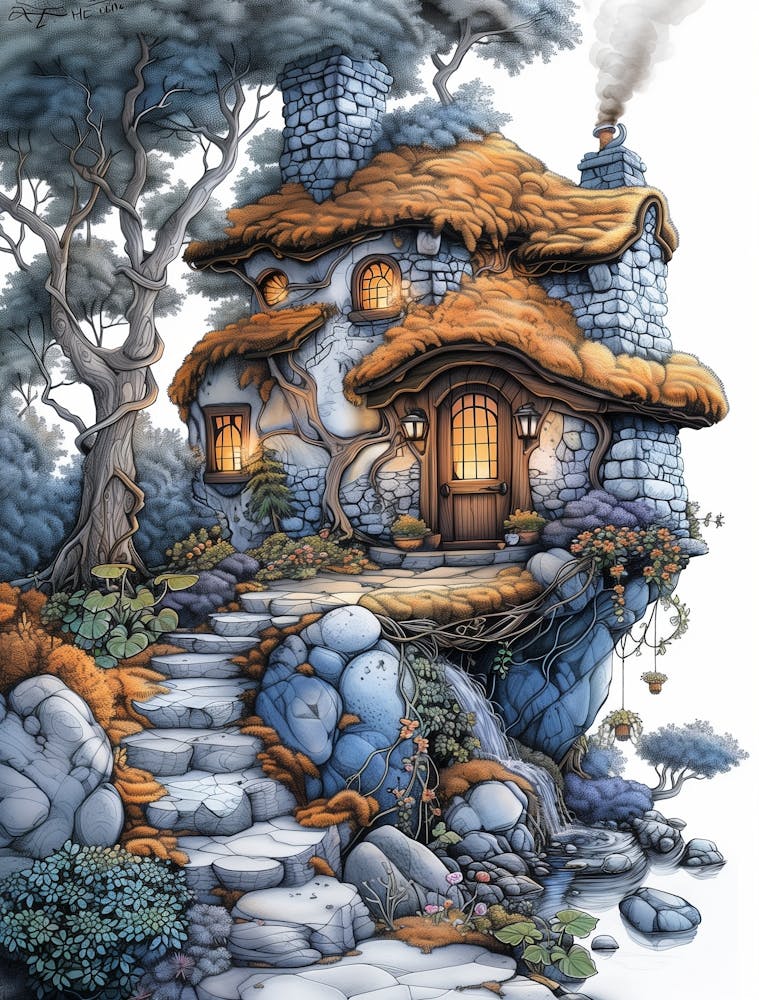 Fantasy Full Color Adult Coloring Book, Thick Lines, No Fine Detail, No Words, No Gray Scale, No Shading, White Background, Delicate Pattern Drawing Illustration Of Fantasy Small House With A Water Mill, In