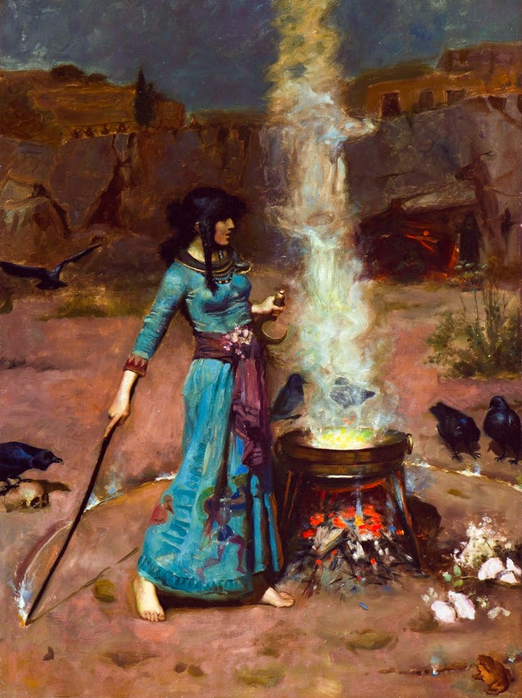 The Magic Circle by John William Waterhouse - Remastered Oil Painting Mythological Pagan Witchy Fairytale Dreamy Occult Magick Goddess Featuring The Blue Dress, Cauldron, Smoke, Frog and Crows