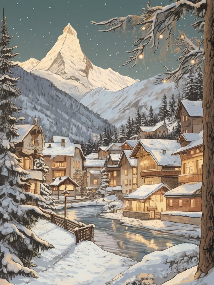 Vintage Winter Illustration Zermatt Switzerland 3