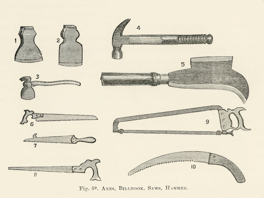 Vintage Illustration Of Axes, Billhook, Hammer, Saws, John Wright