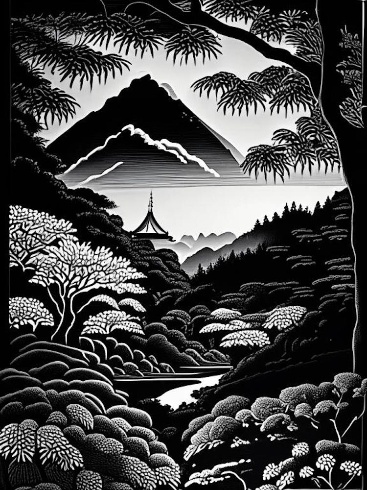 Kairakuen, Japan Linocut Black And White Vintage