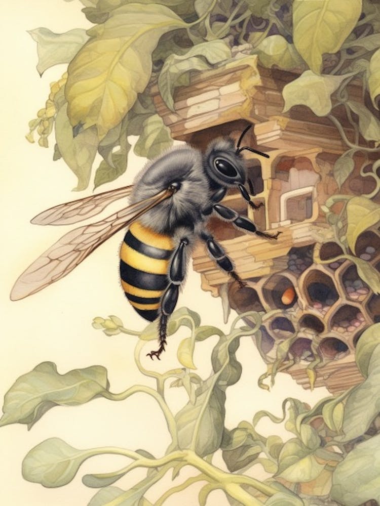 Holzbienen-Bienenstock-Aquarell-Illustration 4