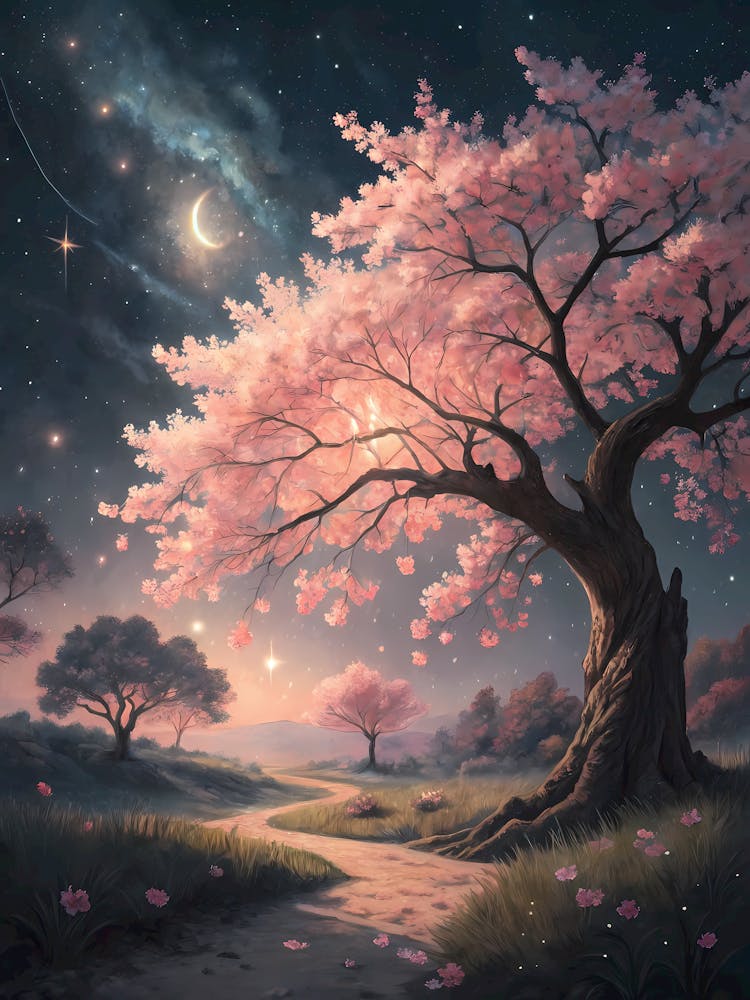 Oil Painting Style Moonlit Cherry Blossom Path Enchanting Night Garden