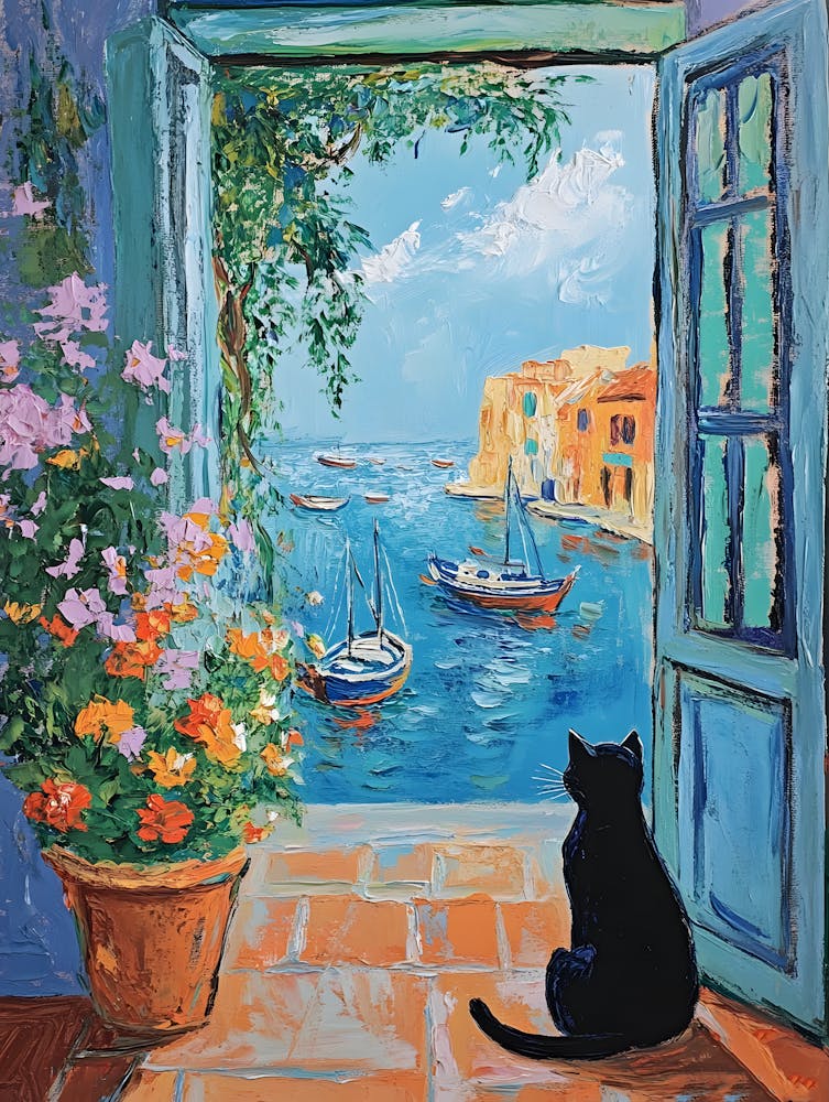 Oil Painting Black Cat Loves the Sea 14