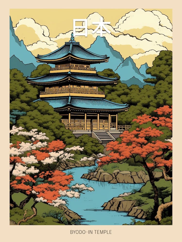 Byodo In Temple, Japan Vintage Travel Art 3 Poster