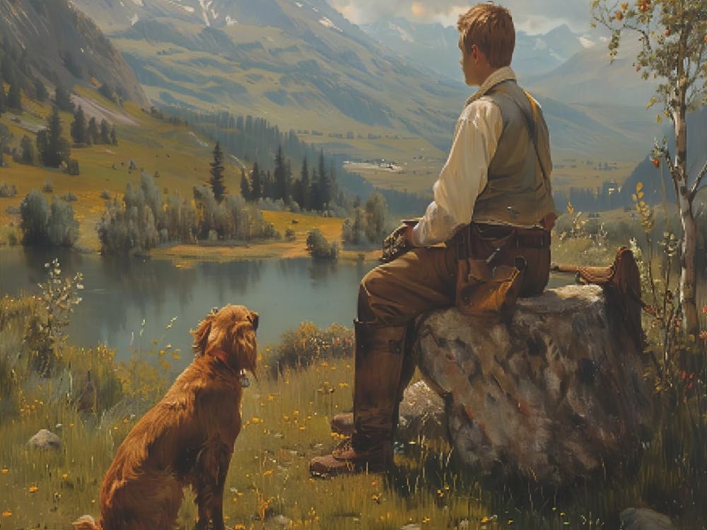 A Man And His Dog Painting, Landscape Art, Wall Decor, Home Decor, Gift For Dog Lover, Pet Owner, Canvas Art, Mountain Art