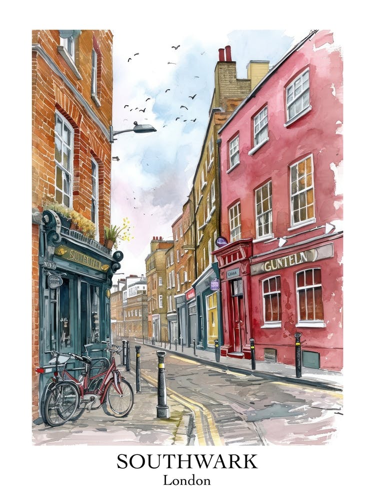 Southwark London Borough   Street Watercolour 1 Poster