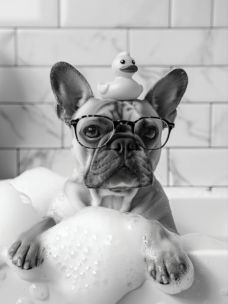 Frenchie Bath Wall Art, Dog And Rubber Duck, French Bulldog, Black And White Print, Dog Owner Gift, Funny Dog Poster, Bathroom Wall Decor
