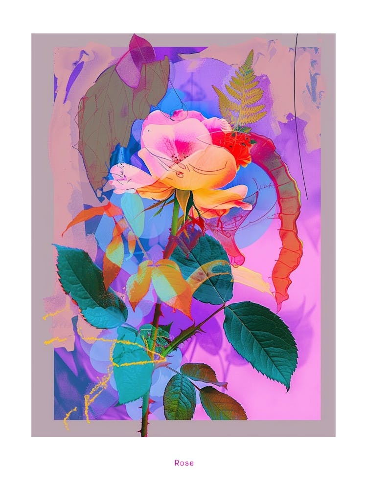 Rose 2 Neon Flower Collage Poster