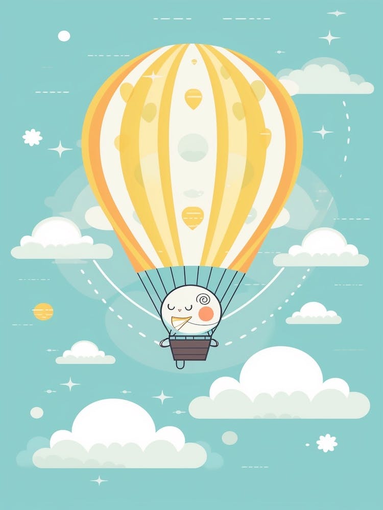 Hot Air Balloon With A Cat Kawaii Illustration 3
