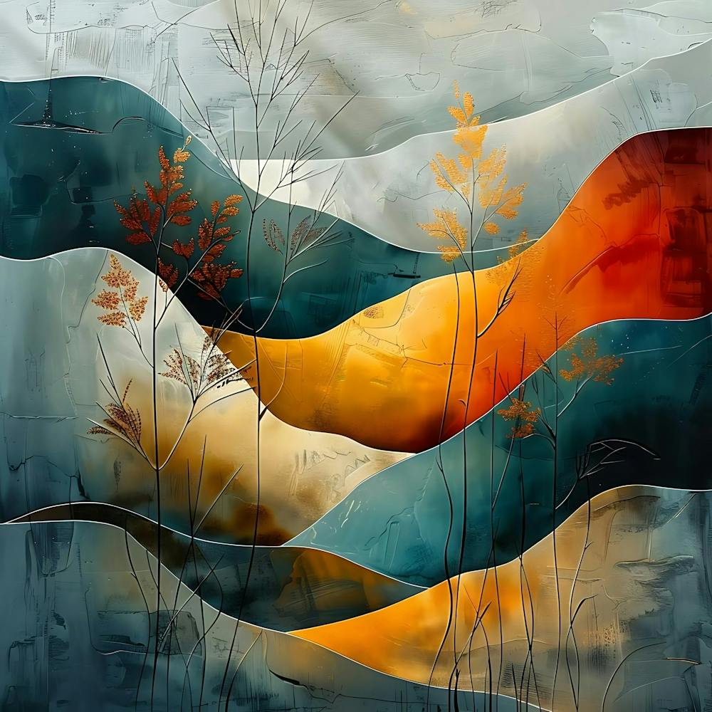 Abstract Autumnal Landscape Painting With Layered Hills In Teal Orange And Gold Tones Featuring Stylized Plants