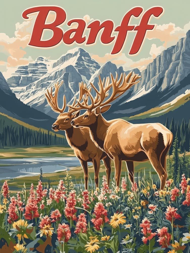 Aihrgdesign A Retro Travel Poster For Banff Featuring A Pair