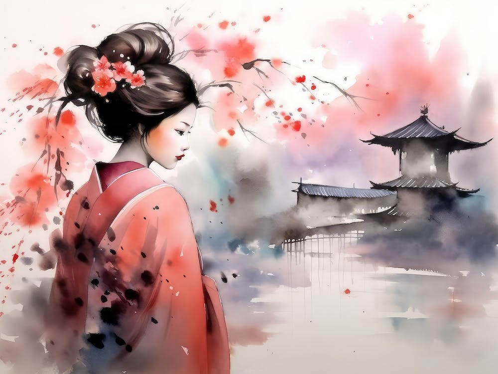 Beautiful Geisha In Beautiful Japanese Cherry Garden