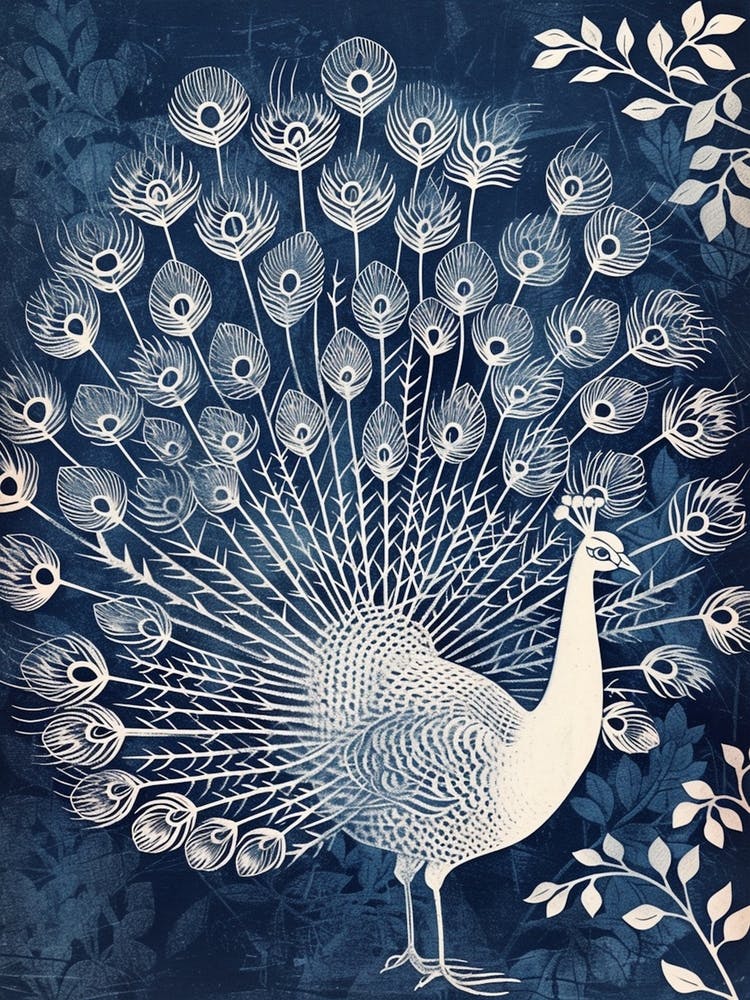 Navy Blue & White Peacock Linocut Inspired Portrait 4