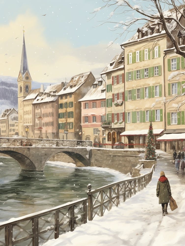 Vintage Winter Illustration Zurich Switzerland 1