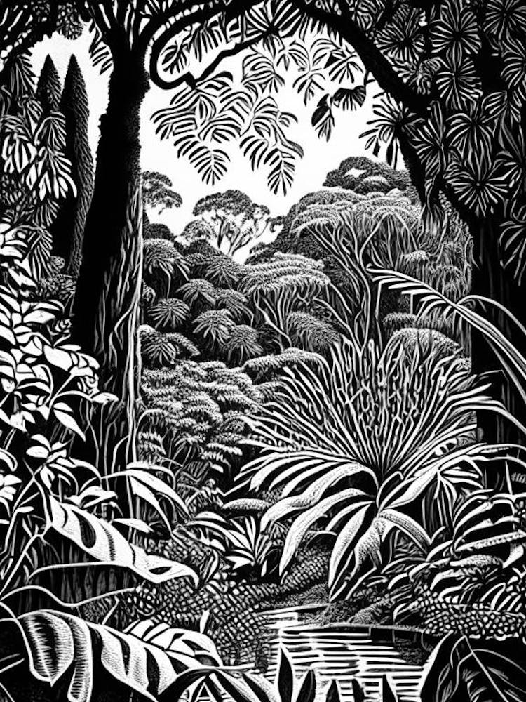 Royal Botanic Gardens, Kandy, 1, Sri Lanka Linocut Black And White Vintage