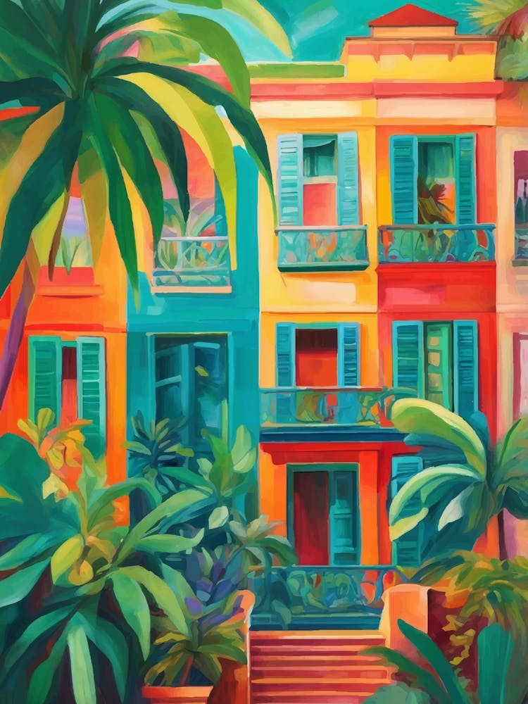 Colorful building with tropical plants
