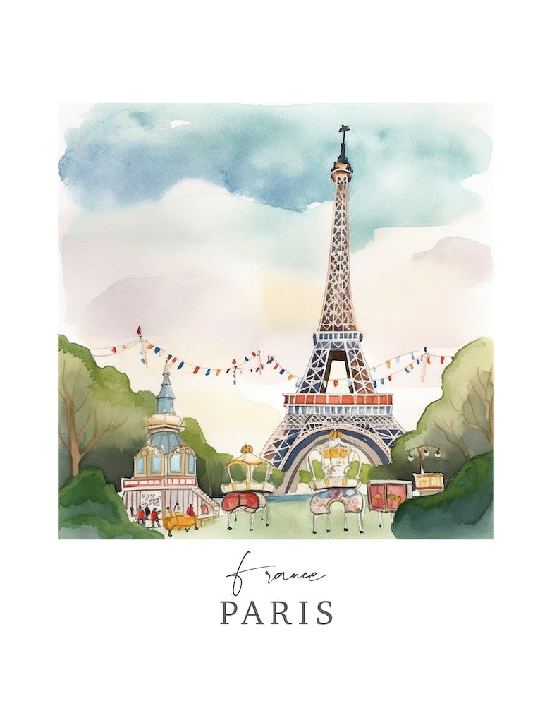 France, Paris Storybook 1 Travel Poster Watercolour