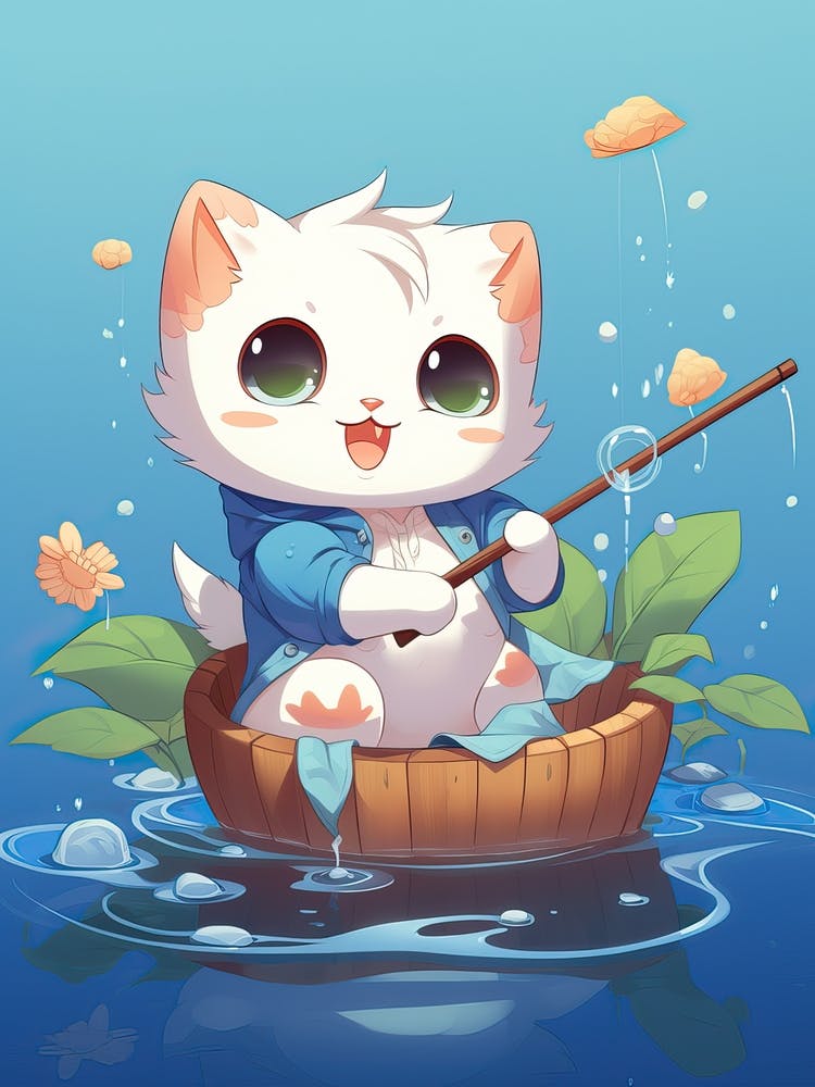 Kawaii Cat Drawings Fishing 1