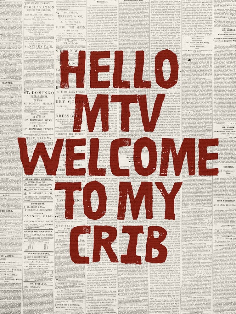 Hello MTV Welcome To My Crib Newspaper Print Red Retro Wall Art Funky Living Room Decor
