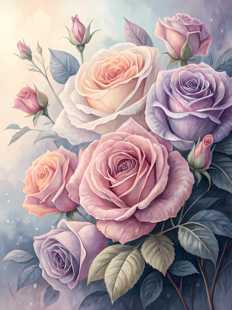 Roses Pastel Arrangement Moderne Style Peinture à l'Huile